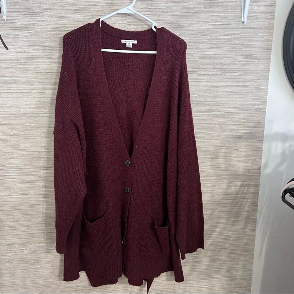 American Eagle Women's Maroon Button Front Long Sweater size l/XL
